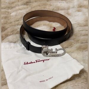 Salvatore Ferragamo Black Belt with Silver Embellished Buckle